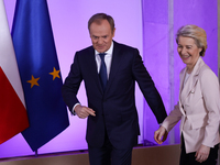Prime Minister of Belgium Alexander De Croo, Prime Minister of Poland Donald Tusk and President of the European Commission Ursula von der Le...