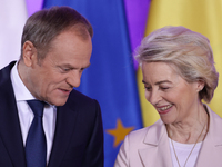 Prime Minister of Poland Donald Tusk and President of the European Commission Ursula von der Leyen during their meeting in Warsaw, Poland on...