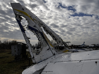The remnants of civilian aircraft are lying destroyed at the Gostomel airfield near Kyiv, Ukraine, on February 22, 2024, during Russia's inv...