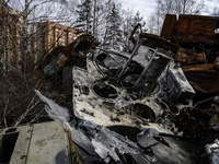 Destroyed Russian military equipment is being dumped near the Gostomel airport in Kyiv, Ukraine, on February 22, 2024. (