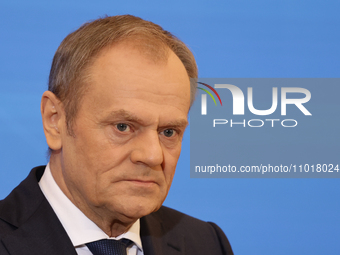 Prime Minister of Poland Donald Tusk during press conference after the meeting with Prime Minister of Belgium Alexander De Croo, and Preside...