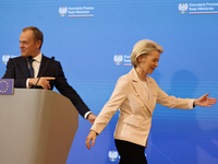 Prime Minister of Poland Donald Tusk and President of the European Commission Ursula von der Leyen during press conference after their meeti...