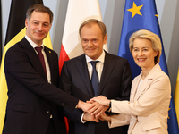 Prime Minister of Belgium Alexander De Croo, Prime Minister of Poland Donald Tusk and President of the European Commission Ursula von der Le...