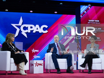 Sandy Rios, Jeffrey Clark, Geri Perna during the annual Conservative Political Action Conference (CPAC) in National Harbor, Maryland, on Feb...