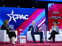 Sandy Rios, Jeffrey Clark, Geri Perna during the annual Conservative Political Action Conference (CPAC) in National Harbor, Maryland, on Feb...