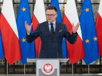 Marshal of the Sejm Szymon Holownia is speaking at a press conference in Warsaw, Poland, on February 20, 2024. (