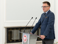 Marshal of the Sejm Szymon Holownia is speaking at a press conference in Warsaw, Poland, on February 20, 2024. (