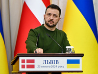 President Volodymyr Zelenskyy is participating in a joint press conference with Prime Minister of Denmark Mette Frederiksen in Lviv, Ukraine...