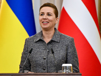 Prime Minister of Denmark Mette Frederiksen is participating in a joint press conference with President of Ukraine Volodymyr Zelenskyy in Lv...