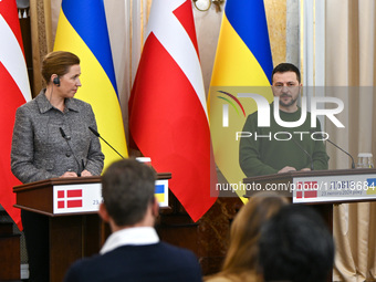 President Volodymyr Zelenskyy of Ukraine and Prime Minister Mette Frederiksen of Denmark are holding a joint press conference in Lviv, Ukrai...