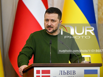 President Volodymyr Zelenskyy of Ukraine is seen during a joint press conference with Prime Minister of Denmark Mette Frederiksen in Lviv, U...