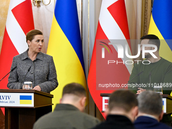 President Volodymyr Zelenskyy of Ukraine and Prime Minister Mette Frederiksen of Denmark are holding a joint press conference in Lviv, Ukrai...