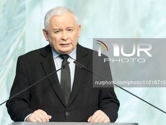 Jaroslaw Kaczynski, the leader of the Law and Justice party (PiS), is speaking during a press conference in Warsaw, Poland, on January 22, 2...