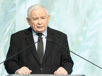 Jaroslaw Kaczynski, the leader of the Law and Justice party (PiS), is speaking during a press conference in Warsaw, Poland, on January 22, 2...