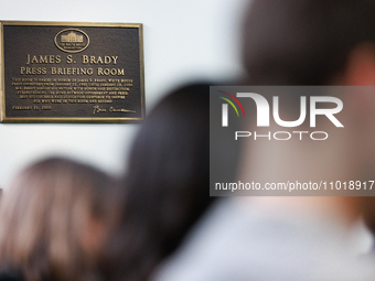 A plaque is seen in the James S. Brady Press Briefing Room at the White House as press secretary Karine Jean-Pierre takes questions during t...
