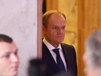 Prime Minister of Poland Donald Tusk before his meeting with Prime Minister of Belgium Alexander De Croo and President of the European Commi...