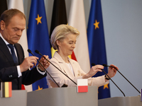 Prime Minister of Poland Donald Tusk and President of the European Commission Ursula von der Leyen during press conference after their meeti...