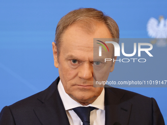 Prime Minister of Poland Donald Tusk during press conference after the meeting with Prime Minister of Belgium Alexander De Croo, and Preside...