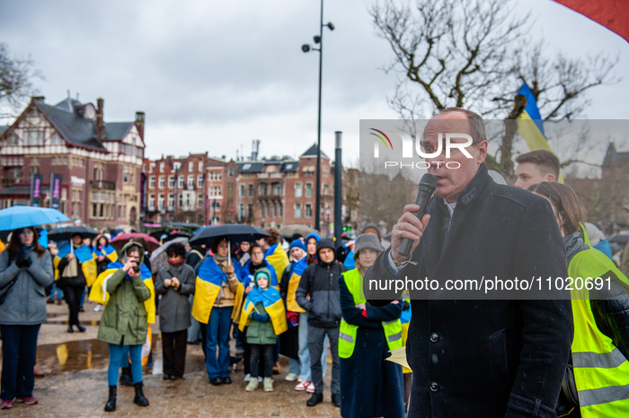 Anatolii Solovei, Minister Counselor of the Embassy of Ukraine in the Netherlands, is giving a speech during a demonstration in support of U...