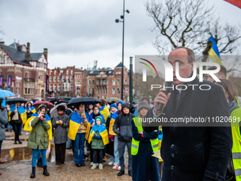 Anatolii Solovei, Minister Counselor of the Embassy of Ukraine in the Netherlands, is giving a speech during a demonstration in support of U...