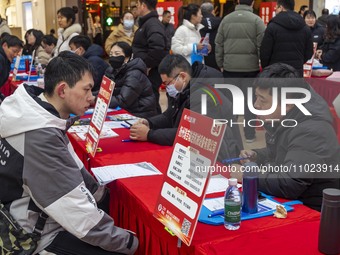 Job seekers are consulting at a large-scale job fair in Taizhou, East China's Jiangsu Province, on February 25, 2024. (