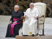 Pope Francis is attending the weekly general audience at Paul-VI hall in the Vatican, on February 28, 2024. (