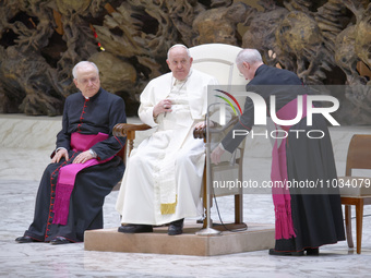 Pope Francis is attending the weekly general audience at Paul-VI hall in the Vatican, on February 28, 2024. (