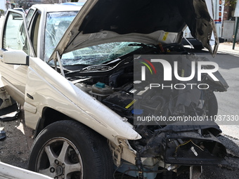 A Volvo is sustaining damage at the scene of a fatal accident on Van Duzer Street in Staten Island, New York, United States, on February 29,...