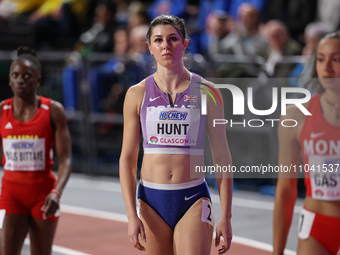 Amy Hunt from Great Britain is preparing for her heat in the 60 meters event at the 2024 World Athletics Championships at the Emirates Arena...