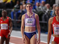 Amy Hunt from Great Britain is preparing for her heat in the 60 meters event at the 2024 World Athletics Championships at the Emirates Arena...
