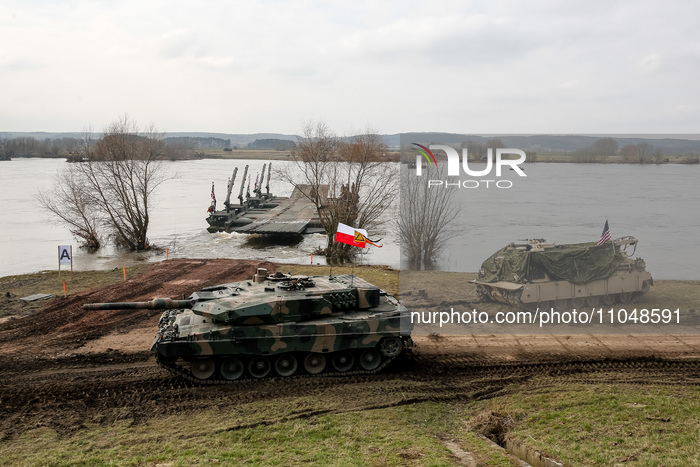 Poland flagged armed Rosomak vehicle rides as servicemen exercise ability to cross armored vehicles through Vistula river on ferries during...