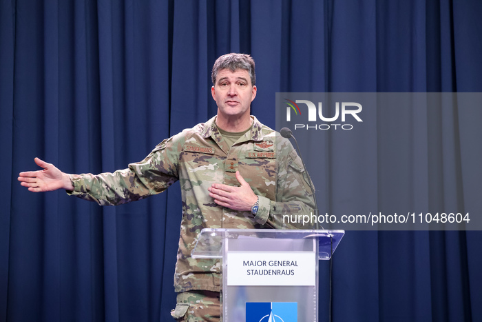 Major General Staudenraus speaks during a press conference during NATO's Dragon-24 exercise, a part of large scale Steadfast Defender-24 exe...