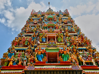 Colorful figures of Hindu deities are adorning the Tellipalai Amman Temple during the Amman Ther Thiruvizha Festival in Tellipalai, Northern...