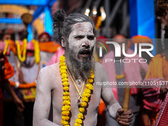 Naga Babas, known as Naked Hindu saints, are chanting ''Har Har Mahadev'' as they march towards the Pashupatinath Temple complex in Kathmand...