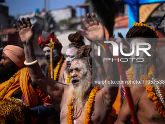Naga Babas, known as Naked Hindu saints, are chanting ''Har Har Mahadev'' as they march towards the Pashupatinath Temple complex in Kathmand...