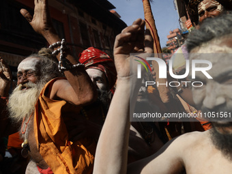 Naga Babas, or Naked Holy Saints, are chanting ''Har Har Mahadev'' as they march towards the Pashupatinath Temple in Kathmandu, Nepal, on Ma...