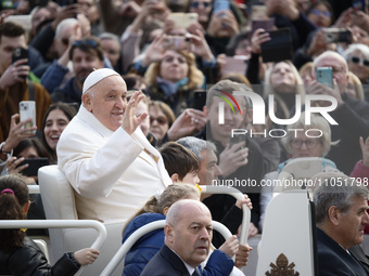 Pope Francis is leading his weekly general audience in St. Peter's Square in the Vatican, on March 6, 2024. (
