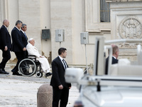 Pope Francis is leaving at the end of his weekly general audience in St. Peter's Square at the Vatican, on March 6, 2024. (