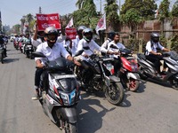 Activists from the All Assam Students Union (AASU) are participating in a motorcycle rally as part of a protest against the Indian governmen...