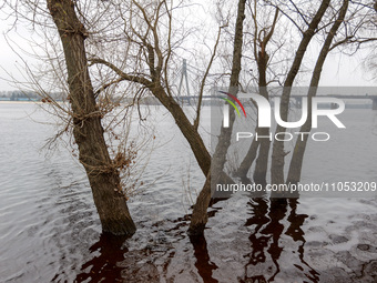 In Kyiv, Ukraine, on March 6, 2024, the area in Natalka Park is flooding due to increased water discharges from the Kyiv Reservoir, followin...