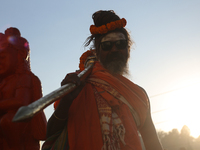 A sadhu, a Hindu holy person, is posing for a photo on the eve of the Maha Shivaratri festival at the Pashupatinath Temple complex in Kathma...