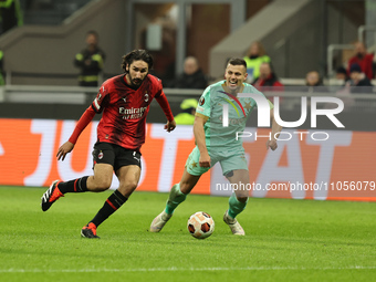 Yacine Adli is playing in the Europa League match between Milan and SK Slavia Praha in Milan, Italy, on March 7, 2024. (