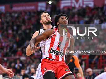 Moses Wright of Olympiacos Piraeus is competing with Ante Zizic of Virtus Segafredo Bologna during the Euroleague, Round 28, match between O...