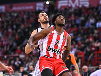 Moses Wright of Olympiacos Piraeus is competing with Ante Zizic of Virtus Segafredo Bologna during the Euroleague, Round 28, match between O...