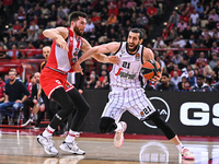 Tornike Shengelia of Virtus Segafredo Bologna is competing with Alec Peters of Olympiacos Piraeus during the Euroleague, Round 28, match bet...