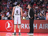 Head Coach Luca Banchi and Alessandro Pajola, number 6 of Virtus Segafredo Bologna, are participating in the Euroleague, Round 28, match bet...