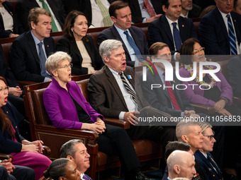 Several Democratic Senators enthusiastically answer no to a question posed by President Joe Biden during the annual State of the Union addre...