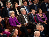 Several Democratic Senators enthusiastically answer no to a question posed by President Joe Biden during the annual State of the Union addre...