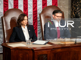 Vice President Kamala Harris and House Speaker Mike Johnson sit behind President Joe Biden as he delivers the annual State of the Union addr...