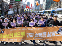 Hundreds of women and men are attending the rally for the International Women's Day strike, chanting slogans during the 2024 Women's Strike...